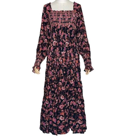FREE PEOPLE Sweet Escape Smocked Floral Maxi Dress - Large - Black & Pink - Picture 1 of 10